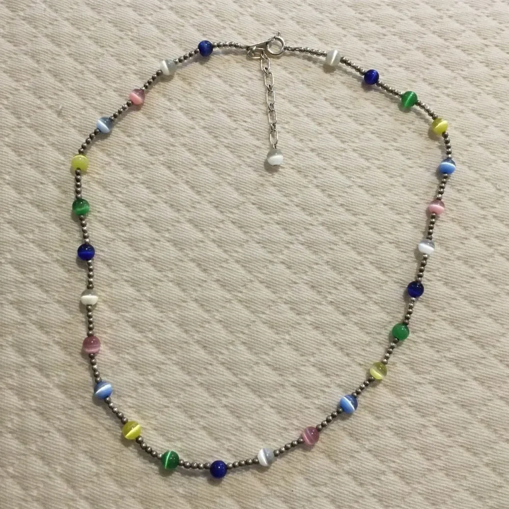 VTG Sterling Silver Multicolor Cats Eye Station Beaded Choker Necklace Extension